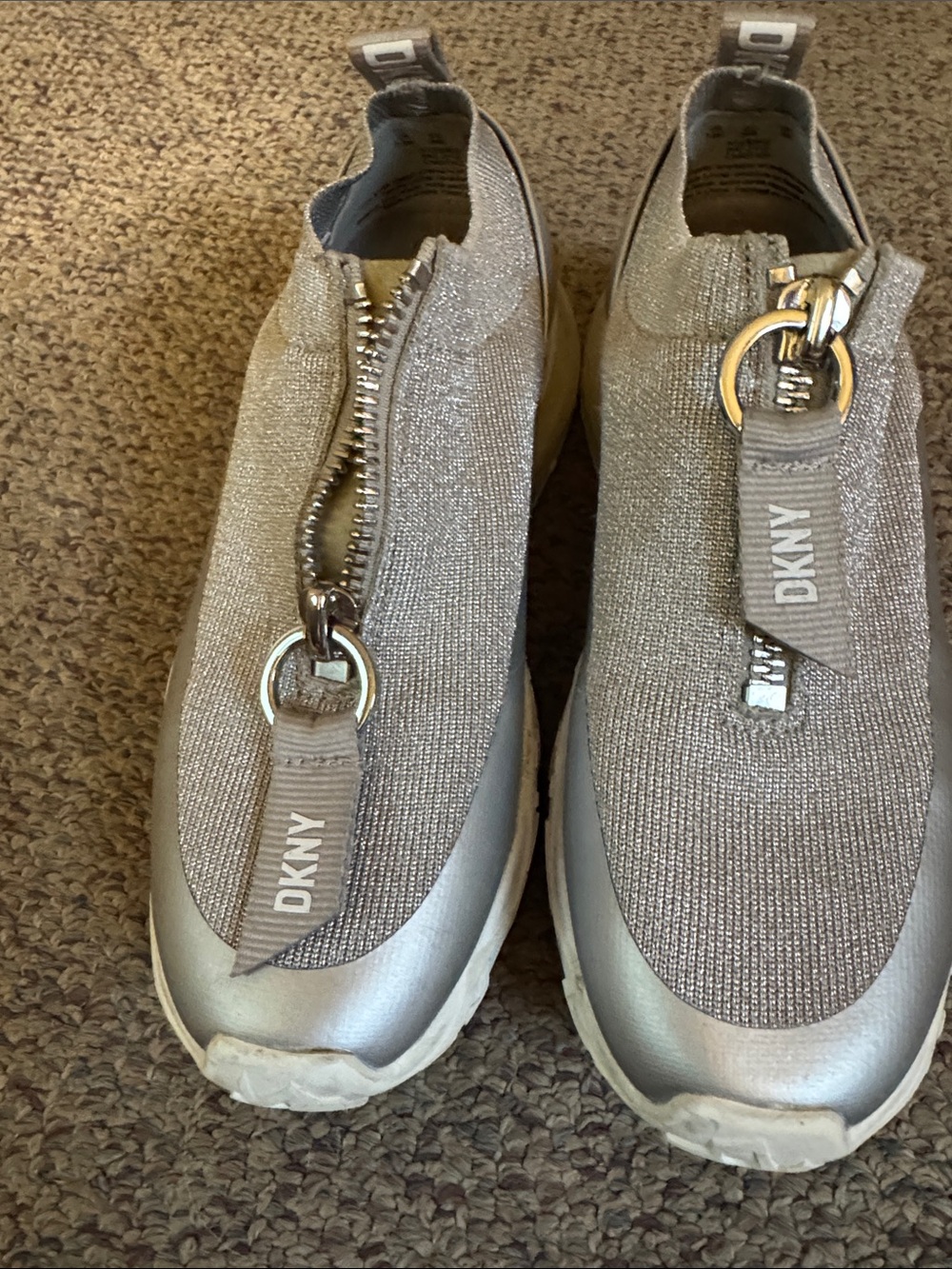 DKNY Metallic Silver Slip-On Zip Knit Sneakers